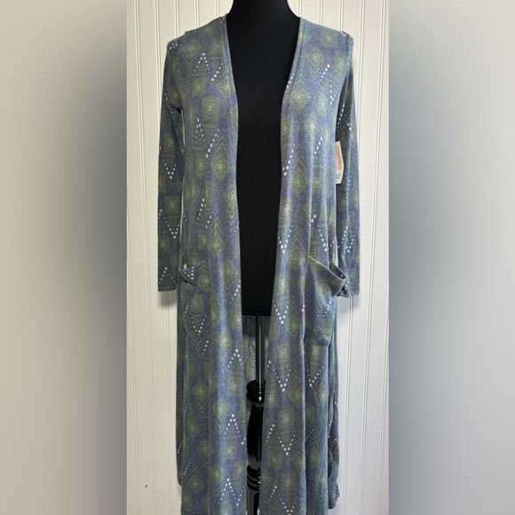 LuLaRoe Sarah Cardigan Duster Sweater Women’s Size XS Blue Green Cream - Picture 15 of 16